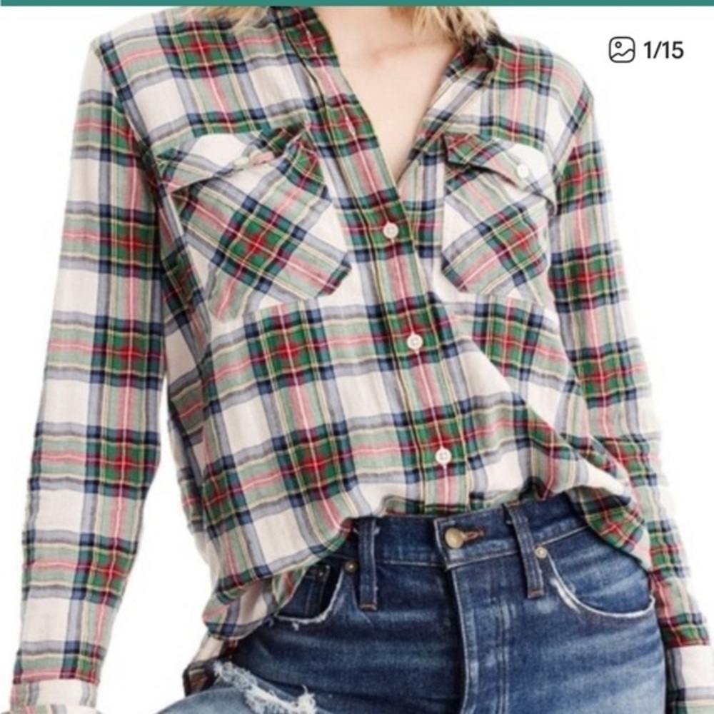 J. Crew Plaid Button Down Shirt - Green, Red, White